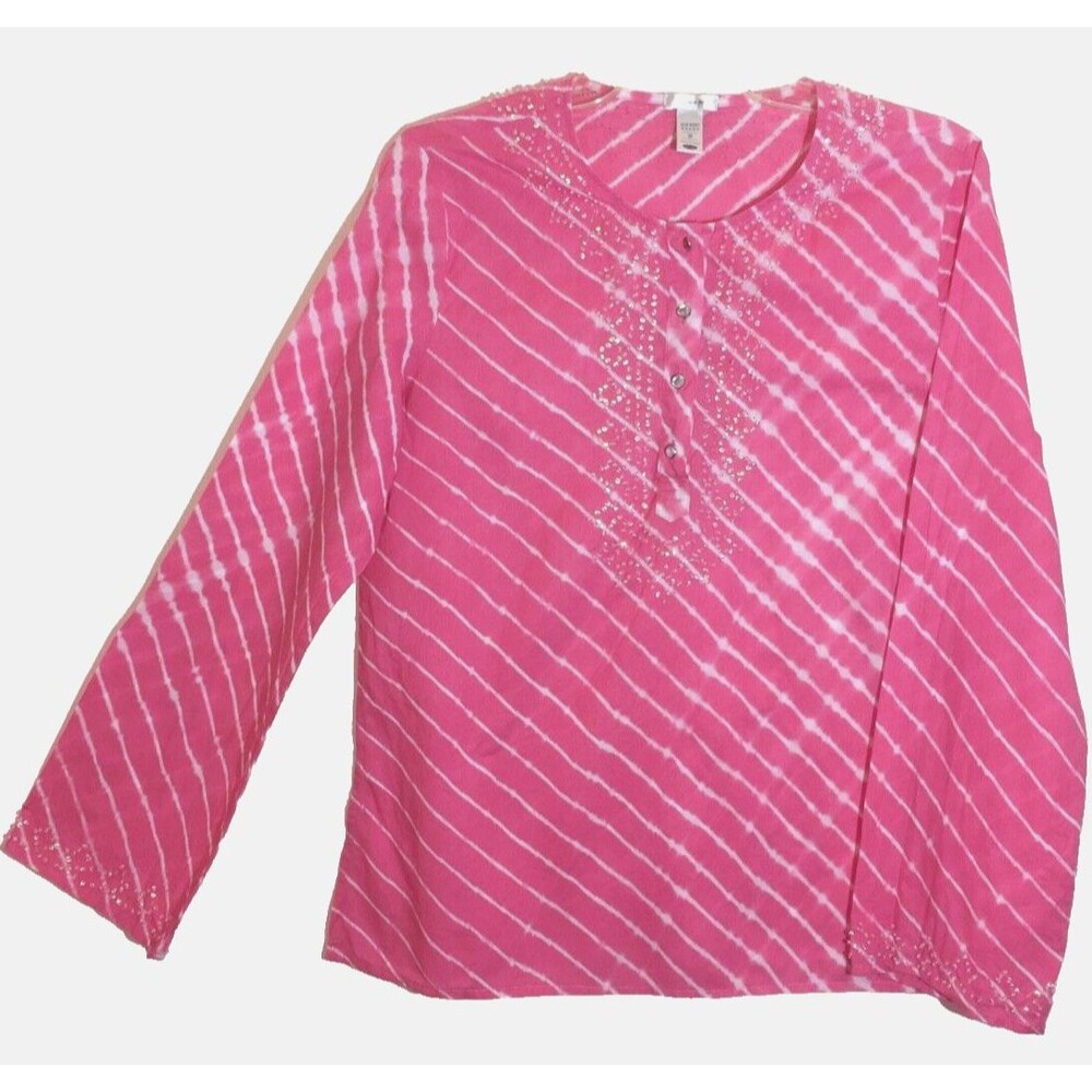 OLD NAVY M 100% Cotton AB Sequin Rhinestone Button Pink Henley Tunic Top Blouse
